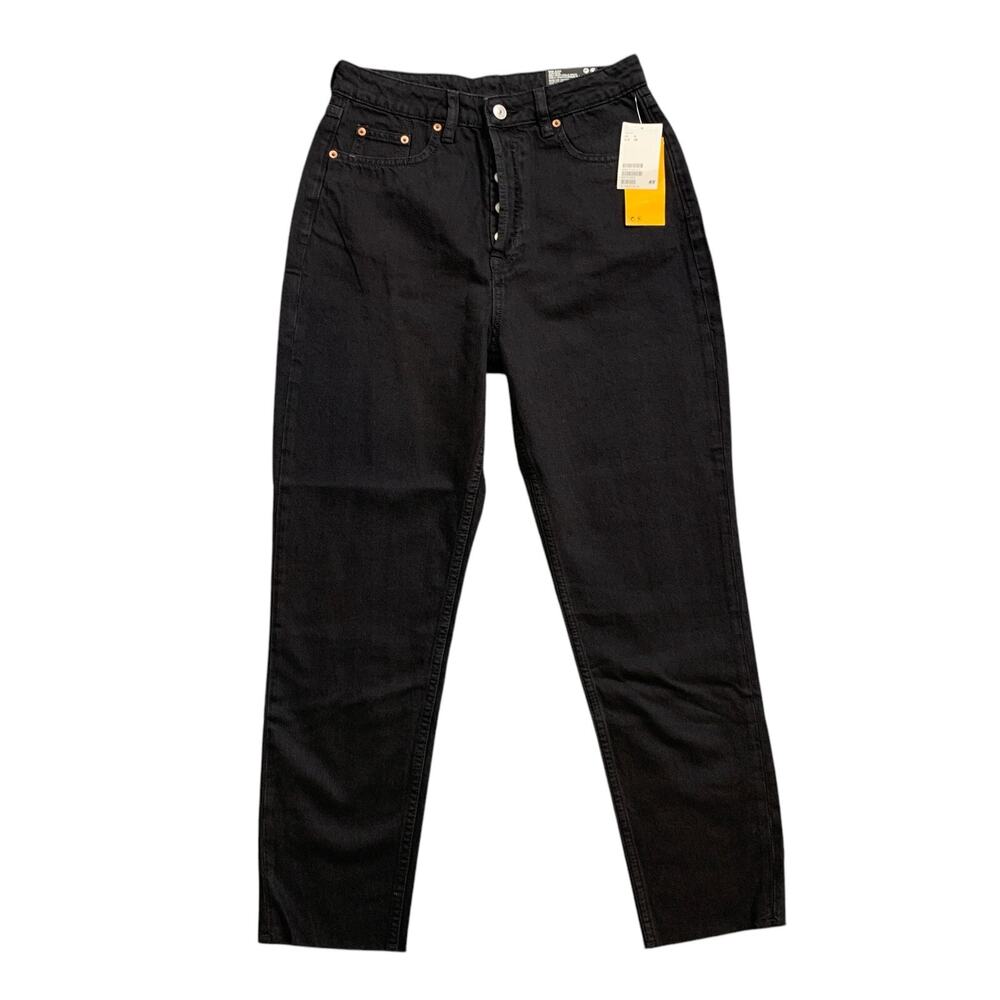 Divided H&M Jeans Women 6 Black Denim Cotton Mom High Waisted Frayed Hem Cropped